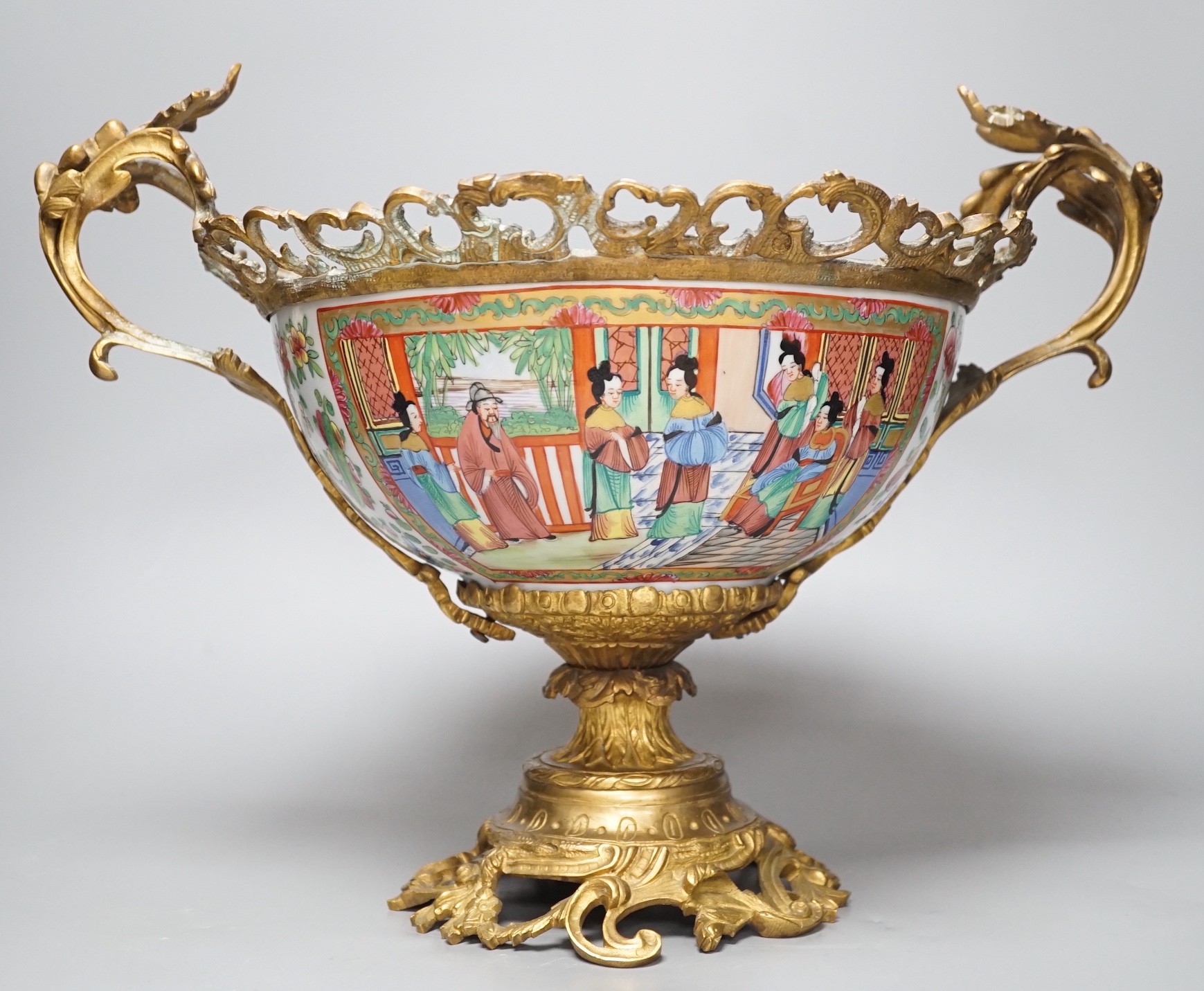 A late 19th century Chinese famille rose bowl with French ormolu mounts, 32cm